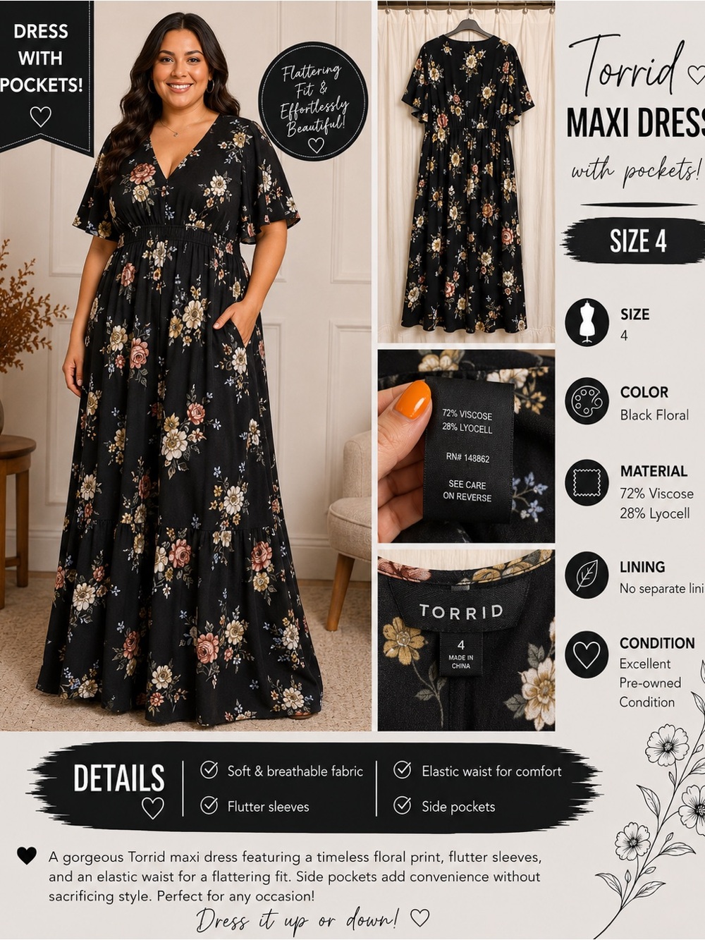torrid Black Floral Maxi Dress with Pink and Cream Blooms